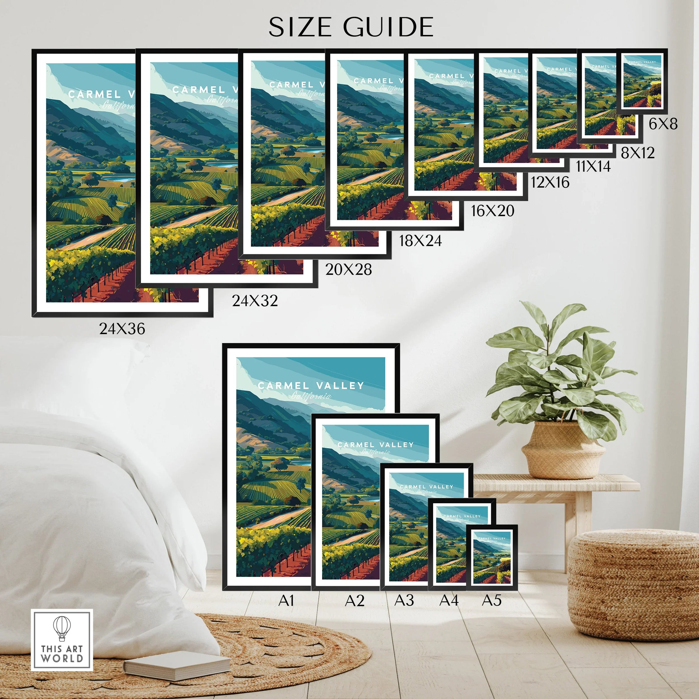 Carmel Valley wall art poster size guide with multiple print sizes in modern room setting