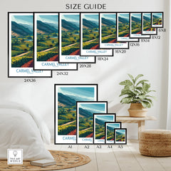 Wall art poster size guide showing Carmel Valley California landscape print in multiple standard sizes on a modern bedroom wall.
