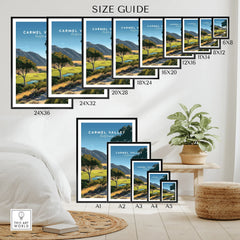 Carmel Valley California travel poster wall art size guide with landscape print in various frame sizes.