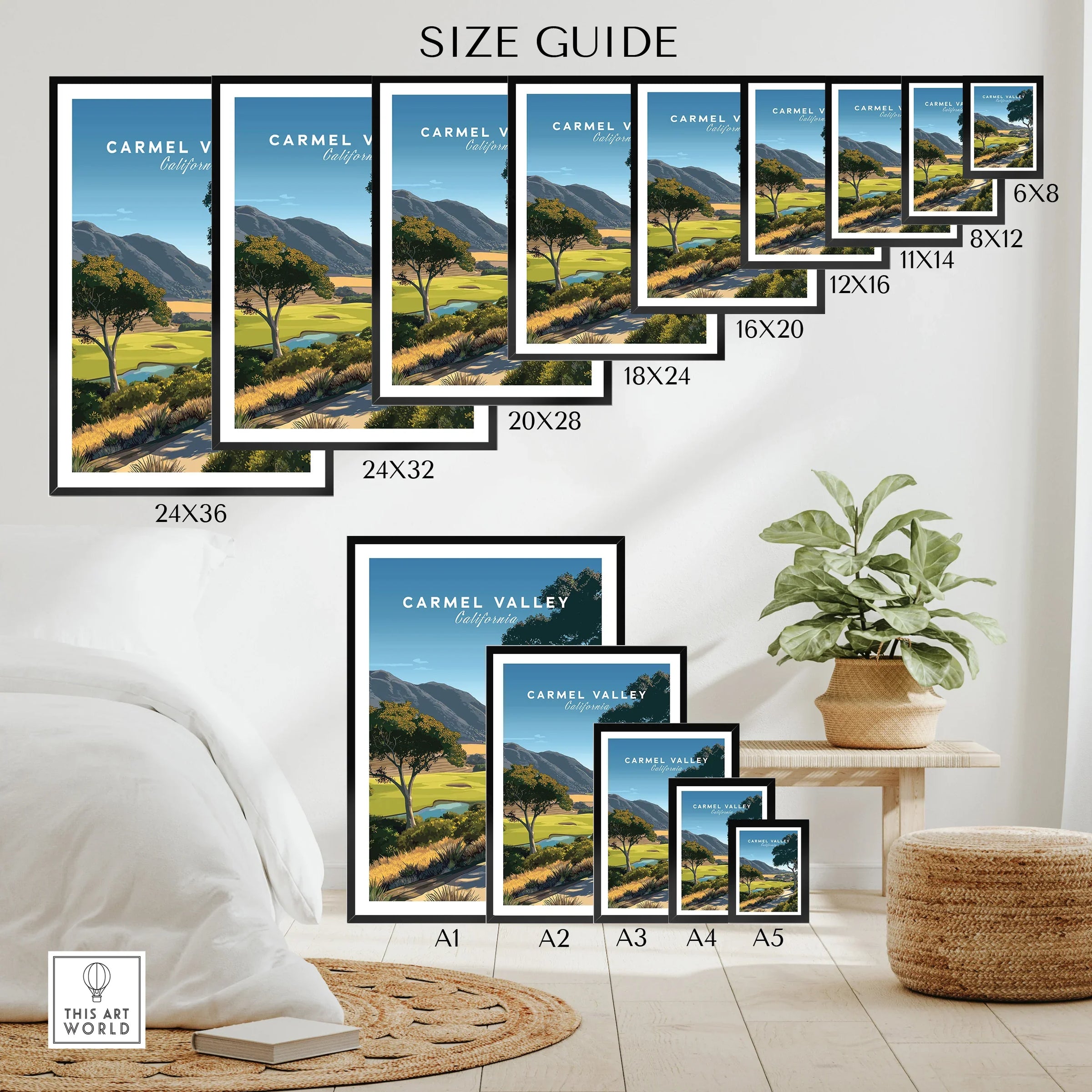 Carmel Valley California travel poster wall art size guide with landscape print in various frame sizes.