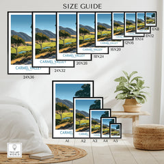 Wall art poster size guide featuring Carmel Valley travel landscape print in various frame sizes.