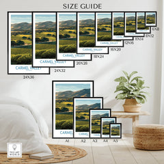 Wall art poster size guide featuring Carmel Valley landscape print in multiple frame sizes