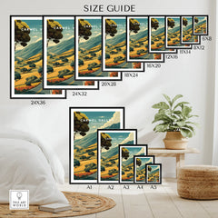 Wall art poster size guide showing Carmel Valley California travel print in various frame dimensions, styled in a modern room.