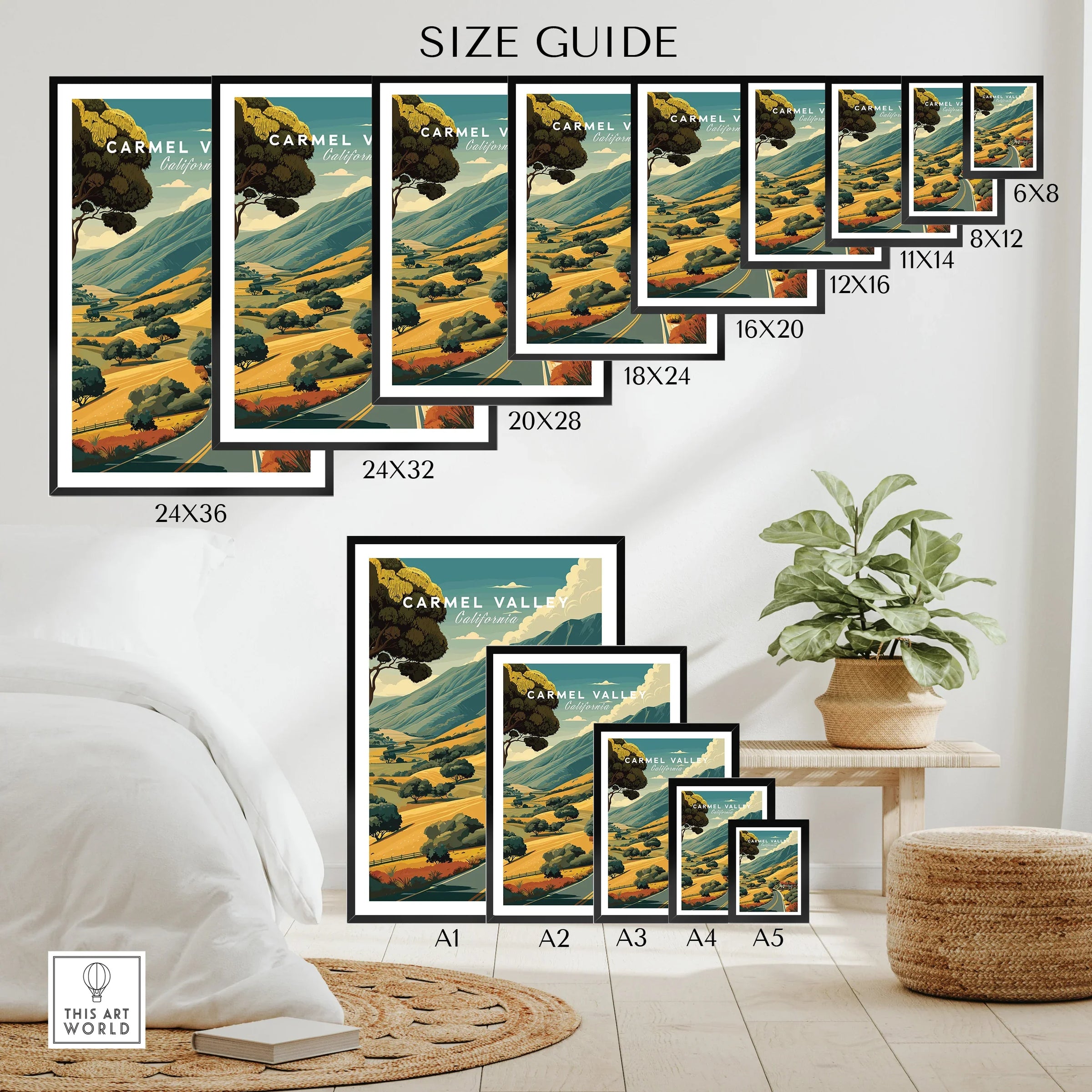 Wall art poster size guide showing Carmel Valley California travel print in various frame dimensions, styled in a modern room.