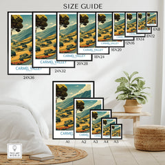 Size guide for Carmel Valley travel poster wall art in various print dimensions, displayed in a modern bedroom.