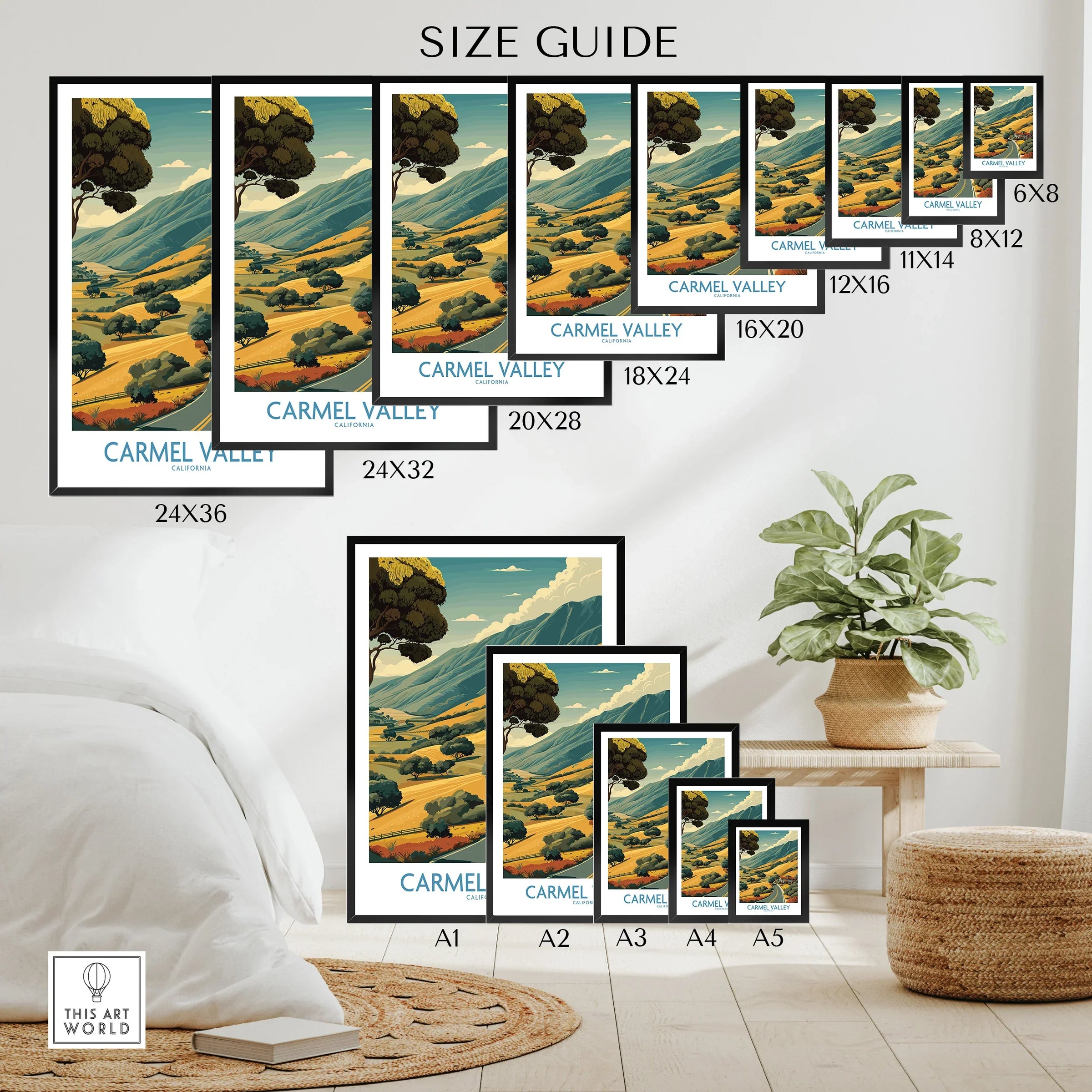 Size guide for Carmel Valley travel poster wall art in various print dimensions, displayed in a modern bedroom.