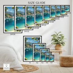 Catalina Island poster size guide showing travel wall art in various frame dimensions