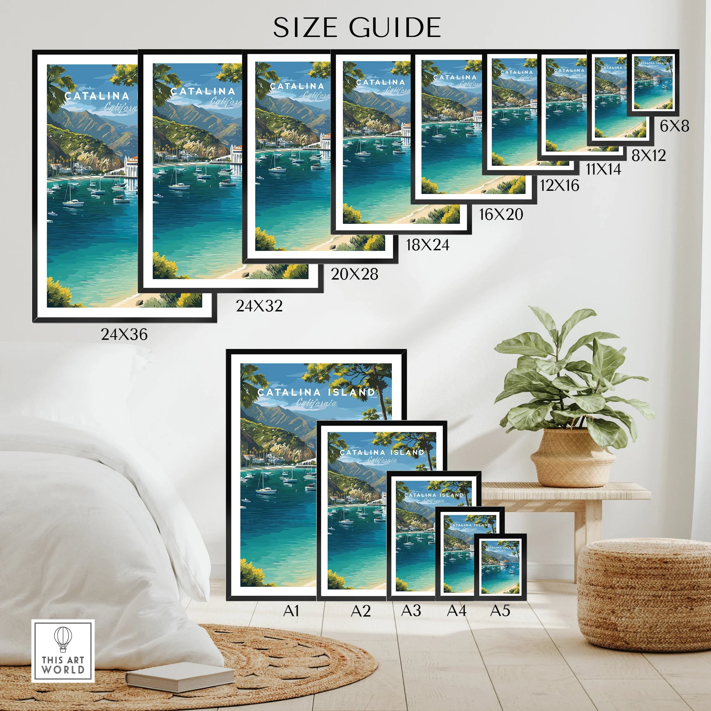 Catalina Island poster size guide showing travel wall art in various frame dimensions