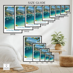 Catalina Island travel poster wall art size guide with multiple print sizes in a bedroom setting.
