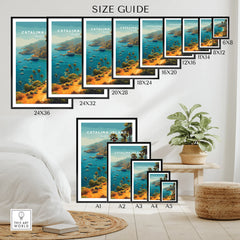 Catalina Island wall art poster size guide, coastal landscape print options for home decor