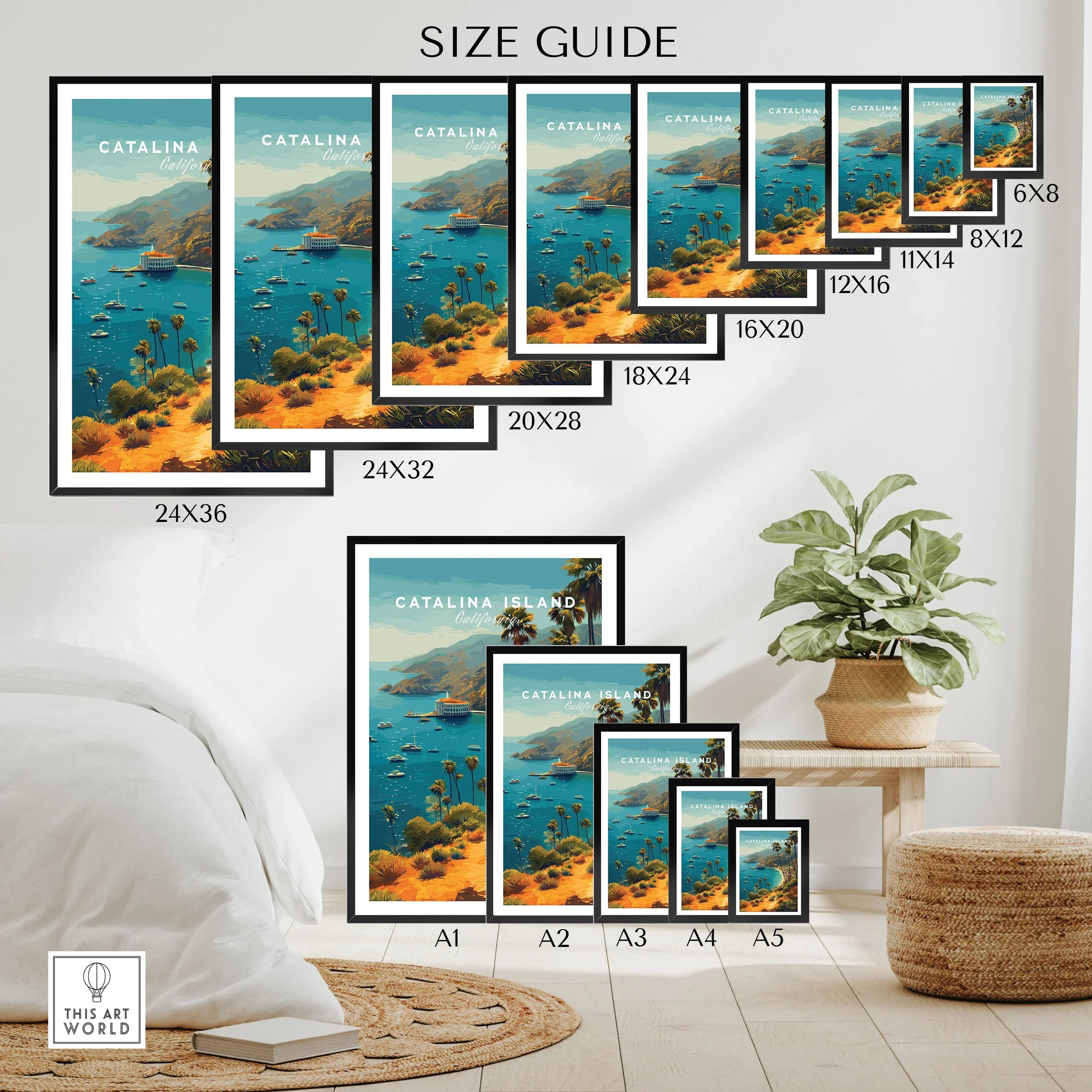 Catalina Island wall art poster size guide, coastal landscape print options for home decor