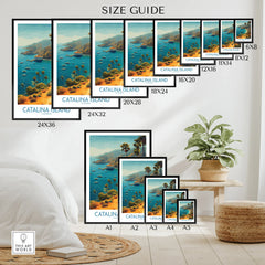Catalina Island travel poster wall art size guide with coastal landscape in multiple frame sizes.
