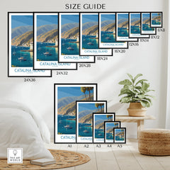 Catalina Island travel poster size guide with ocean, boats, and coastal mountains wall art.