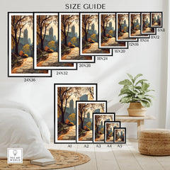 Central Park poster size guide with various print sizes displayed in a modern bedroom decor setting.