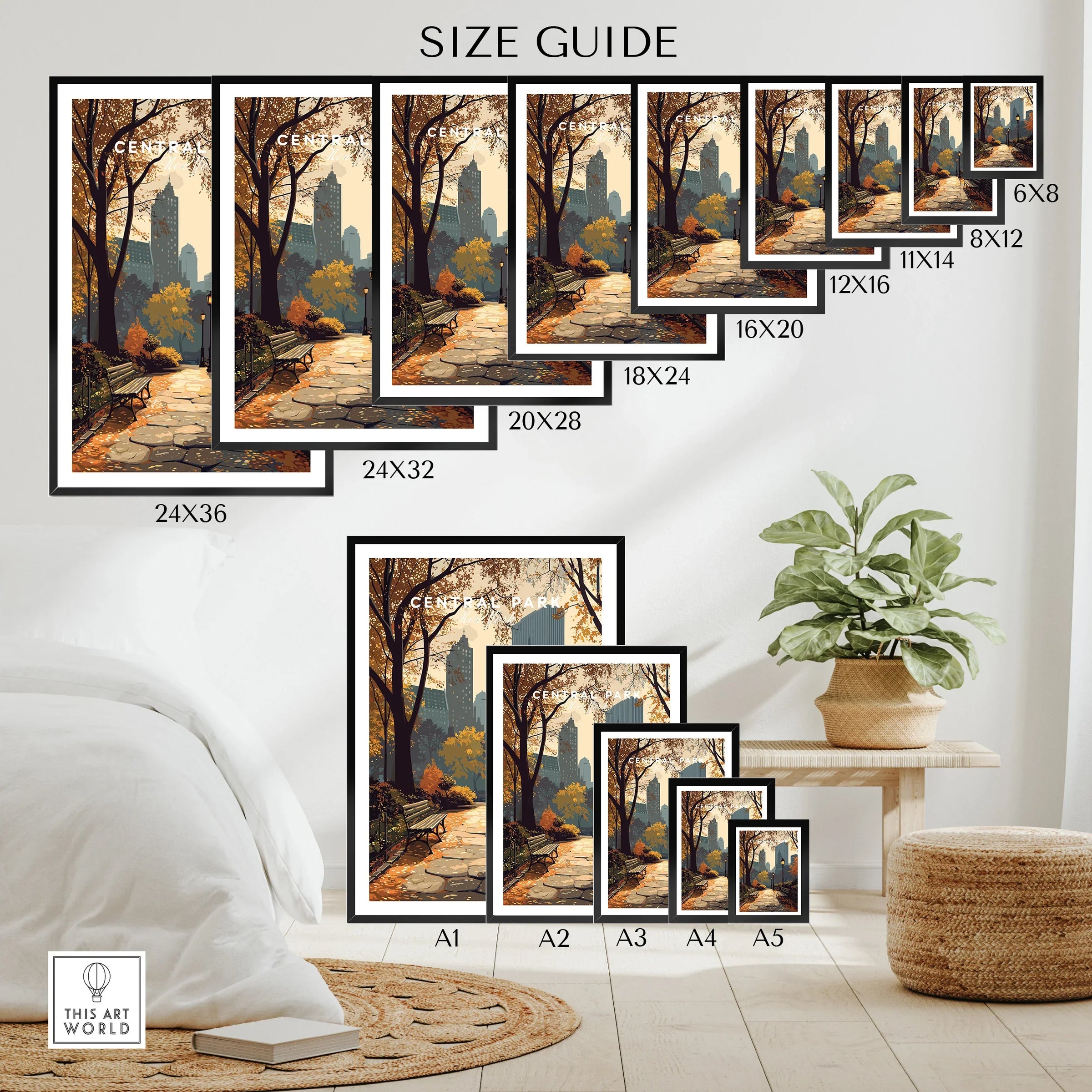 Central Park poster size guide with various print sizes displayed in a modern bedroom decor setting.