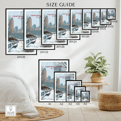 Central Park New York winter travel poster wall art size guide with framed print examples.