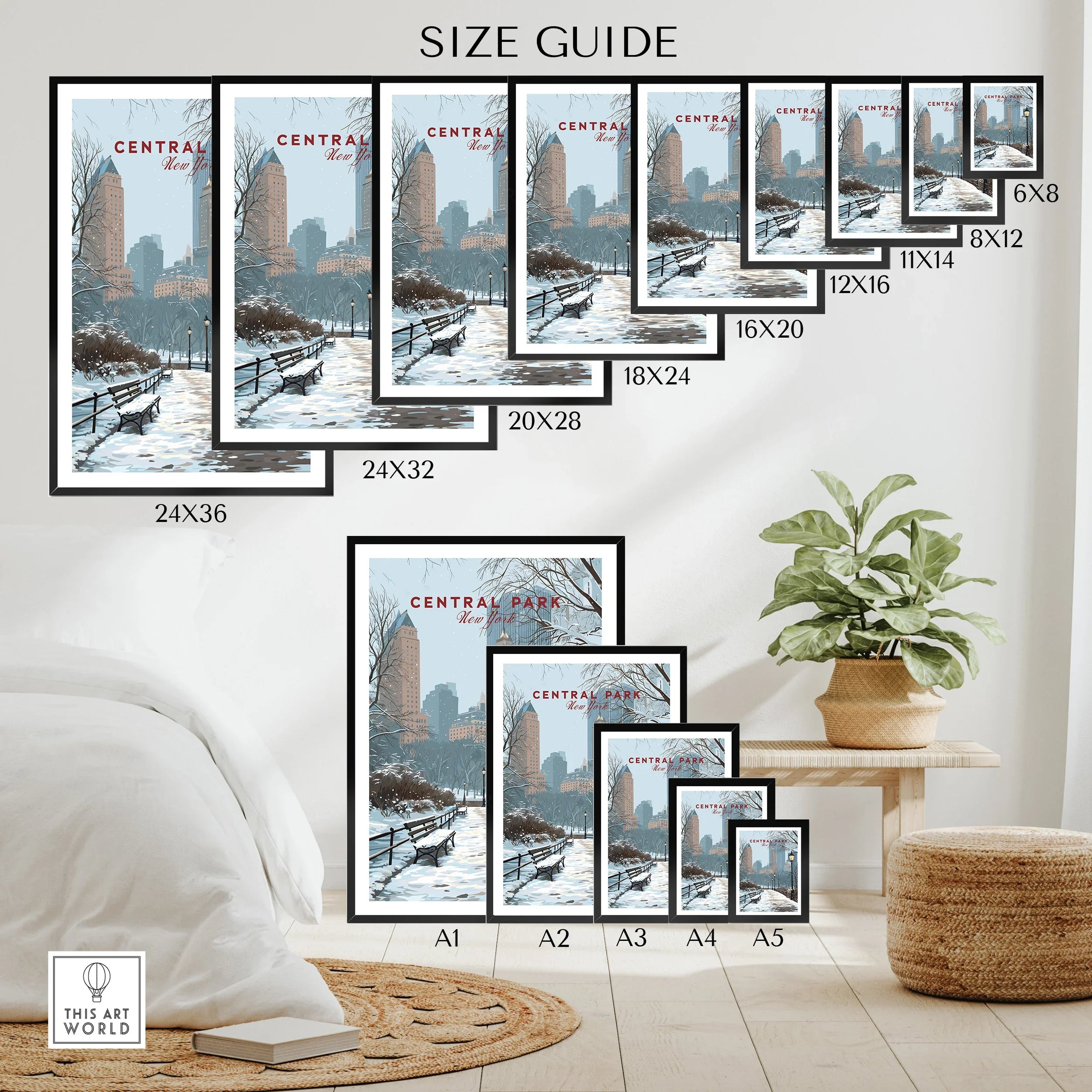 Central Park New York winter travel poster wall art size guide with framed print examples.