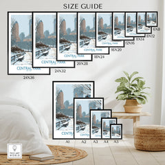 Central Park New York winter poster wall art size guide with city skyline in bedroom decor