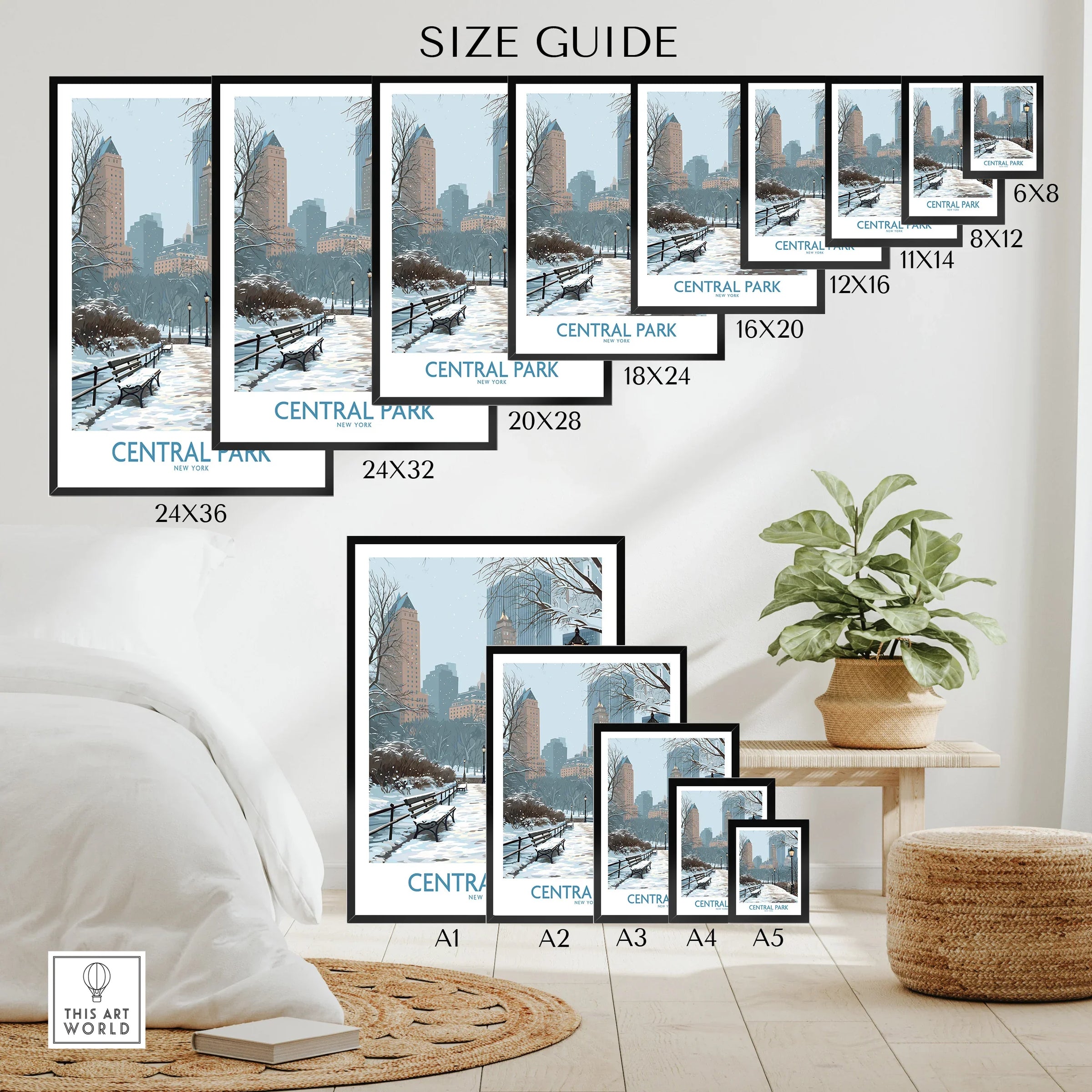 Central Park New York winter poster wall art size guide with city skyline in bedroom decor