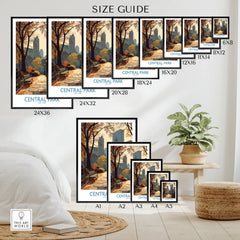 Central Park art print size guide, various poster dimensions with cityscape and autumn path