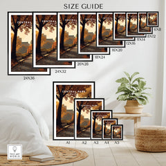 Central Park wall art poster size guide showing various print dimensions on a bedroom wall.