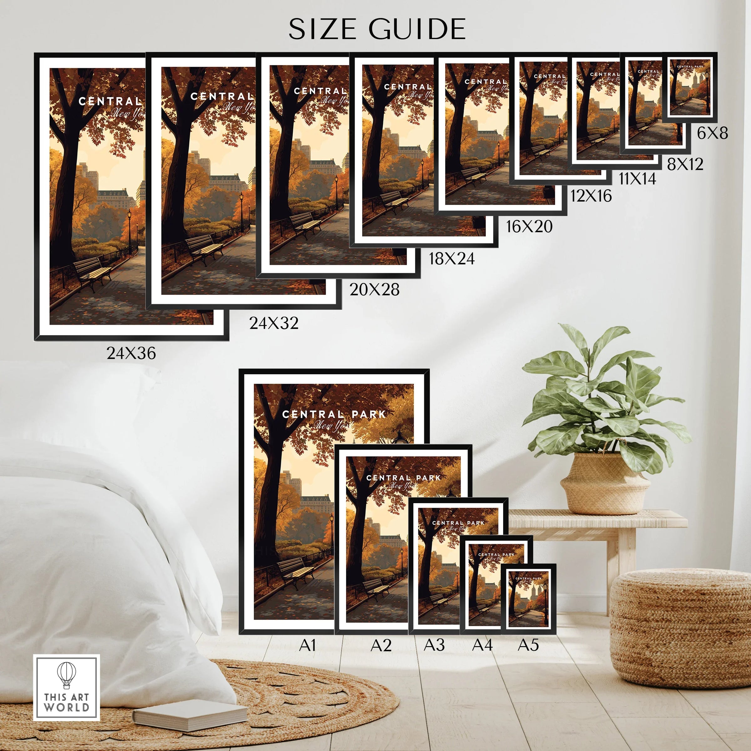Central Park wall art poster size guide showing various print dimensions on a bedroom wall.
