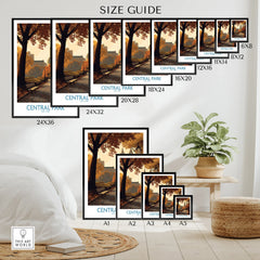 Central Park poster wall art size guide showing various print sizes in a cozy bedroom setting.