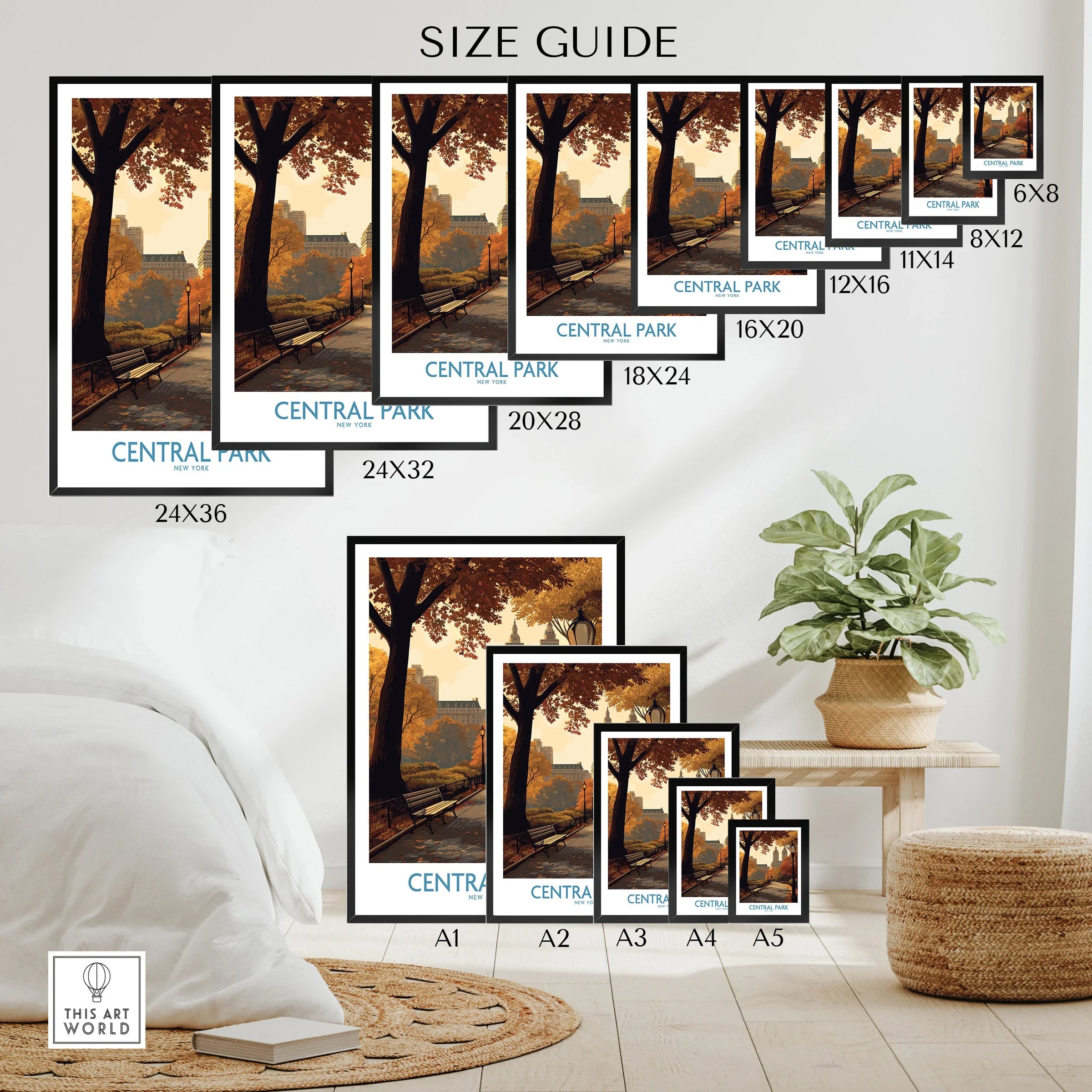 Central Park poster wall art size guide showing various print sizes in a cozy bedroom setting.