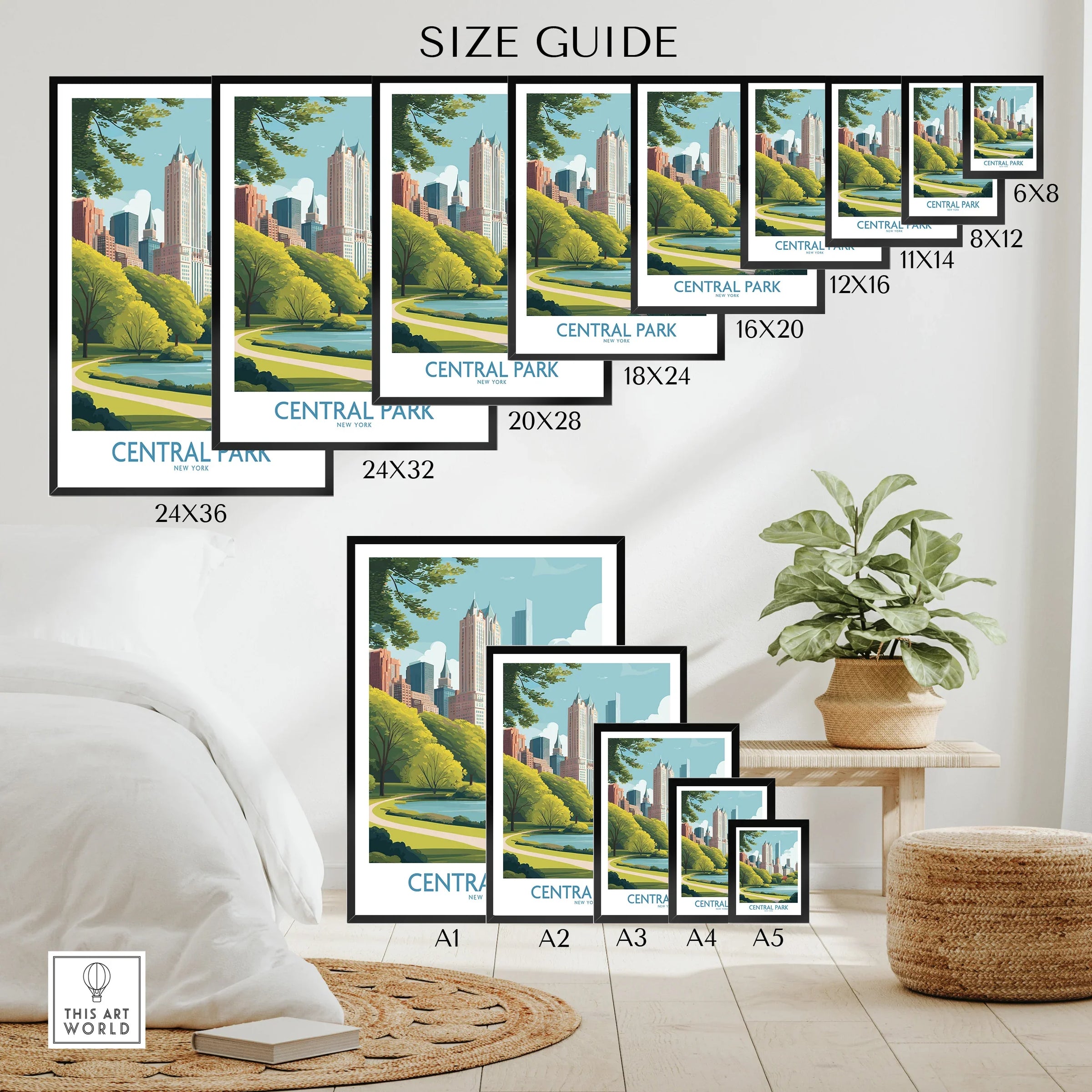 Central Park wall art poster size guide with city skyline and greenery, displayed in multiple frame sizes.