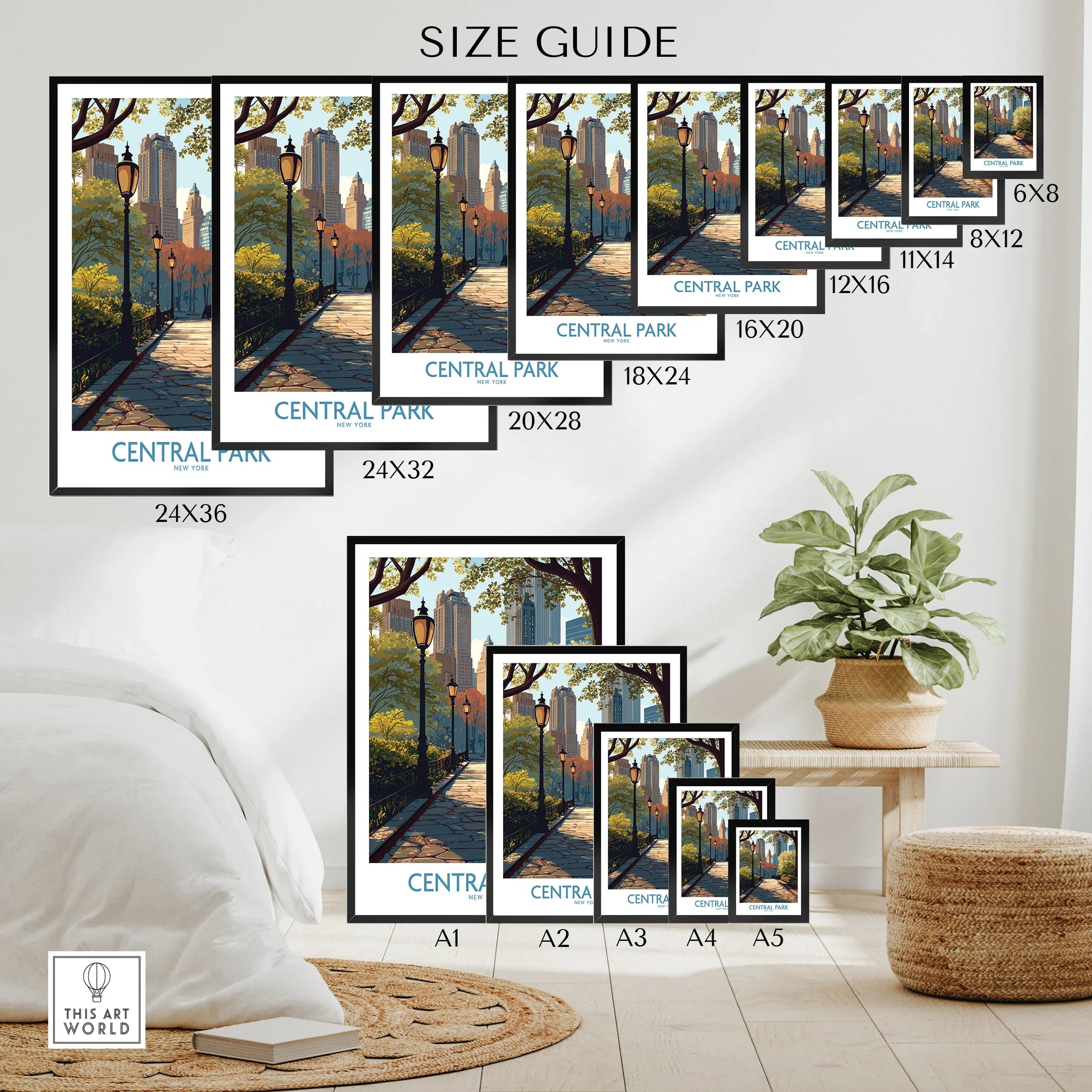 Central Park NYC wall art poster size guide with cityscape and trees, living room decor options