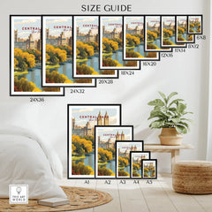 Central Park New York wall art poster size guide with various framed print sizes displayed in a modern home setting.