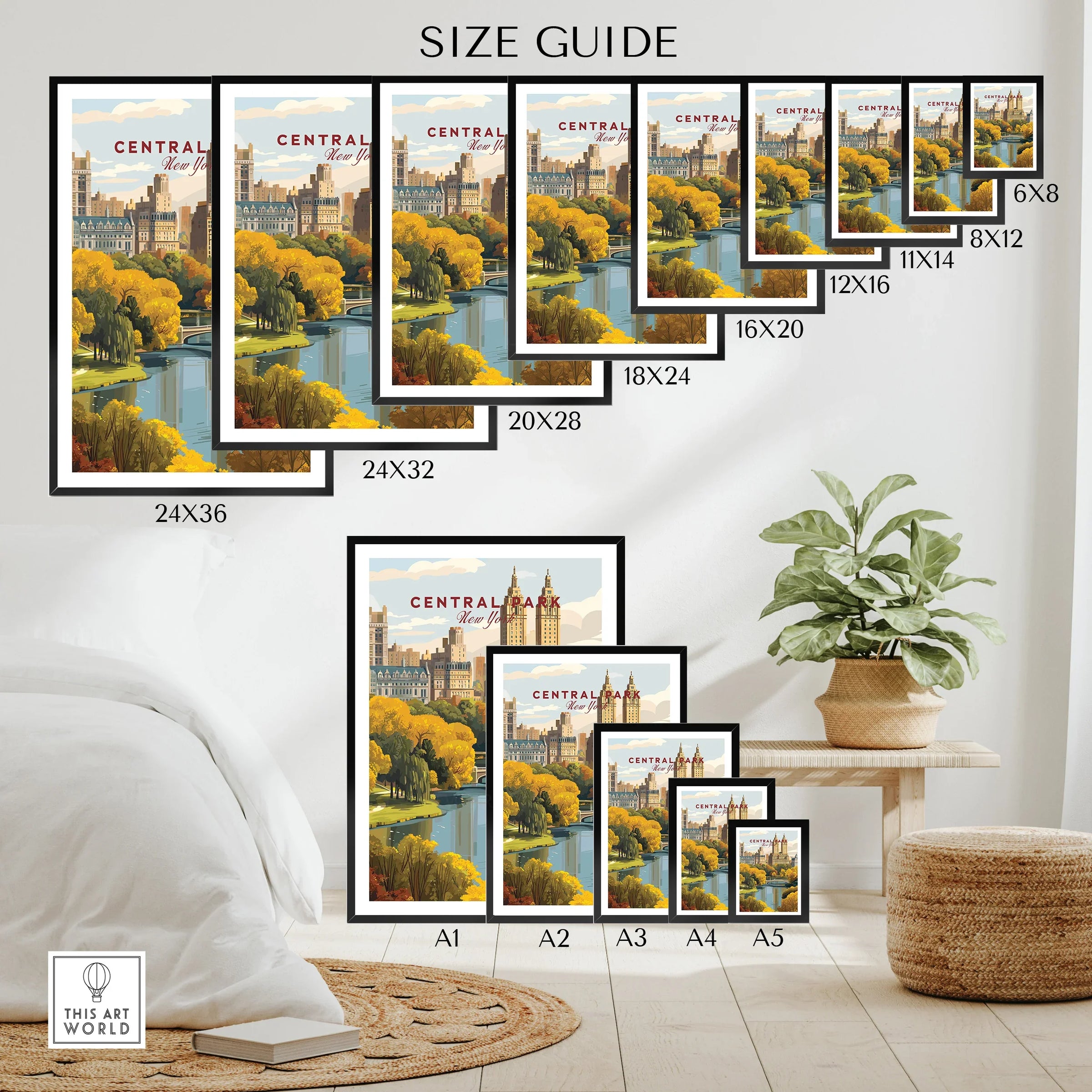 Central Park New York wall art poster size guide with various framed print sizes displayed in a modern home setting.
