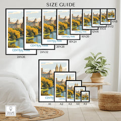 Central Park NYC wall art poster size guide with multiple framed print options on a bedroom wall.