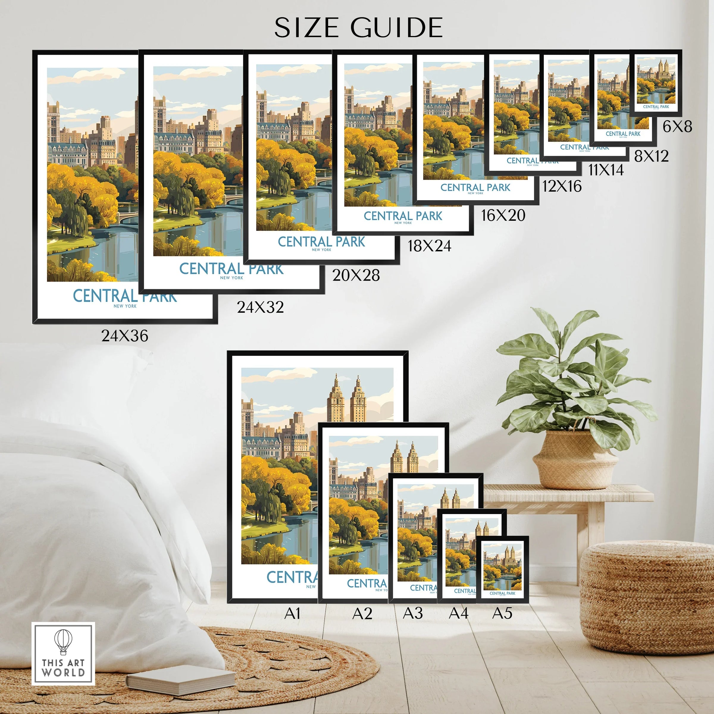 Central Park NYC wall art poster size guide with multiple framed print options on a bedroom wall.