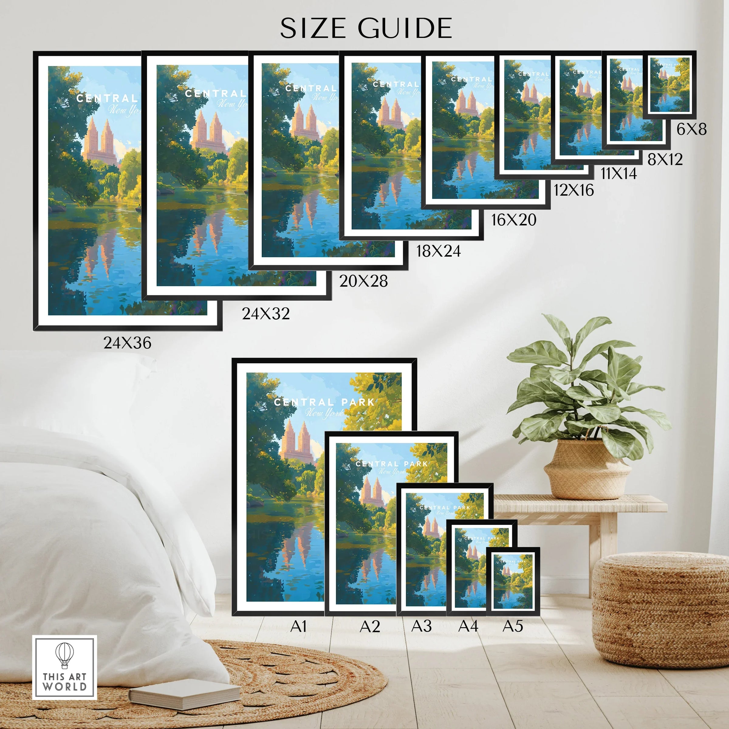 Central Park wall art poster size guide with various print dimensions displayed in a modern room.