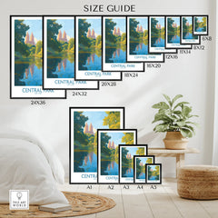 Central Park art print wall poster size guide with various framed sizes displayed in a modern room