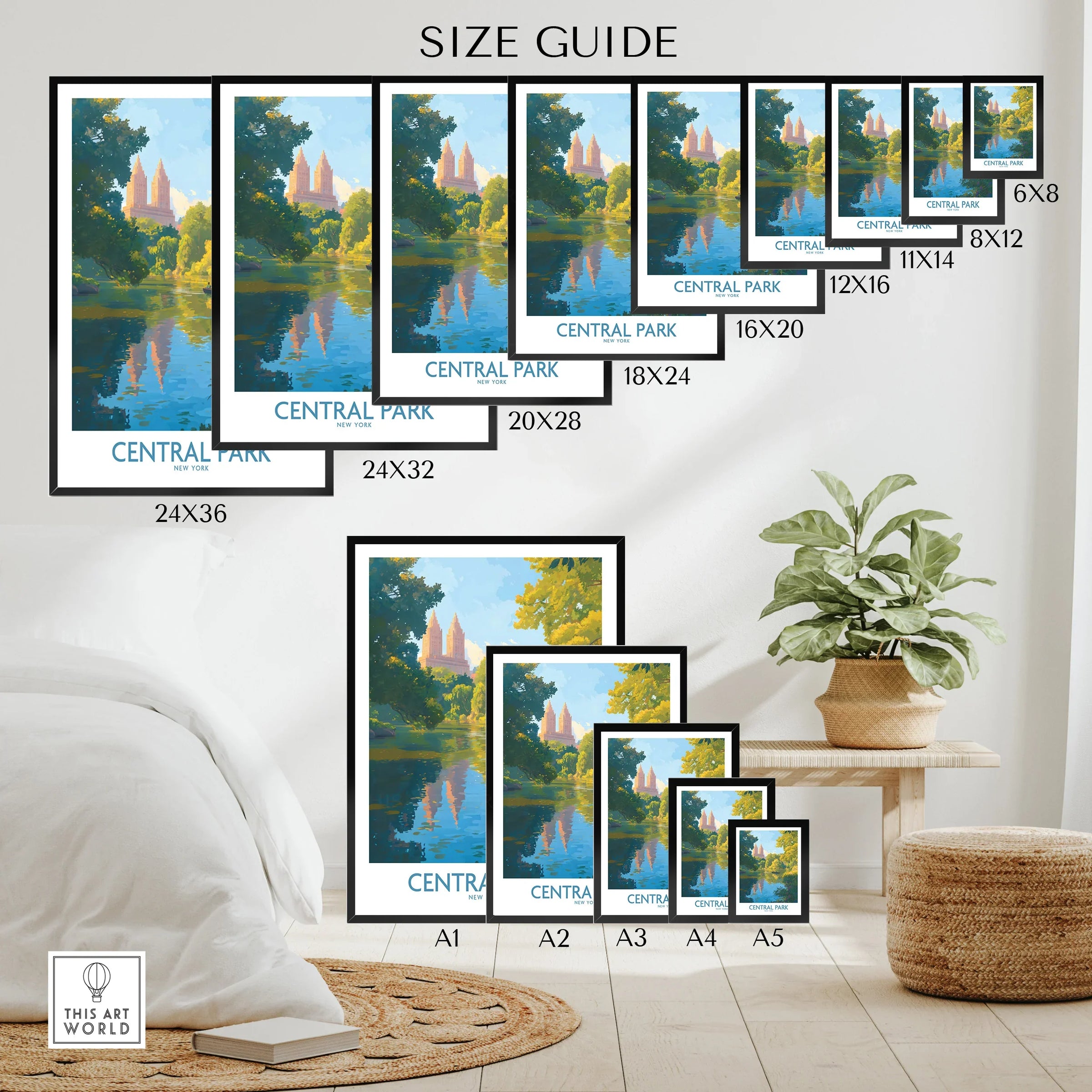 Central Park art print wall poster size guide with various framed sizes displayed in a modern room