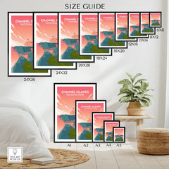 Channel Islands National Park wall art poster size guide with framed prints in various dimensions displayed in a modern room.