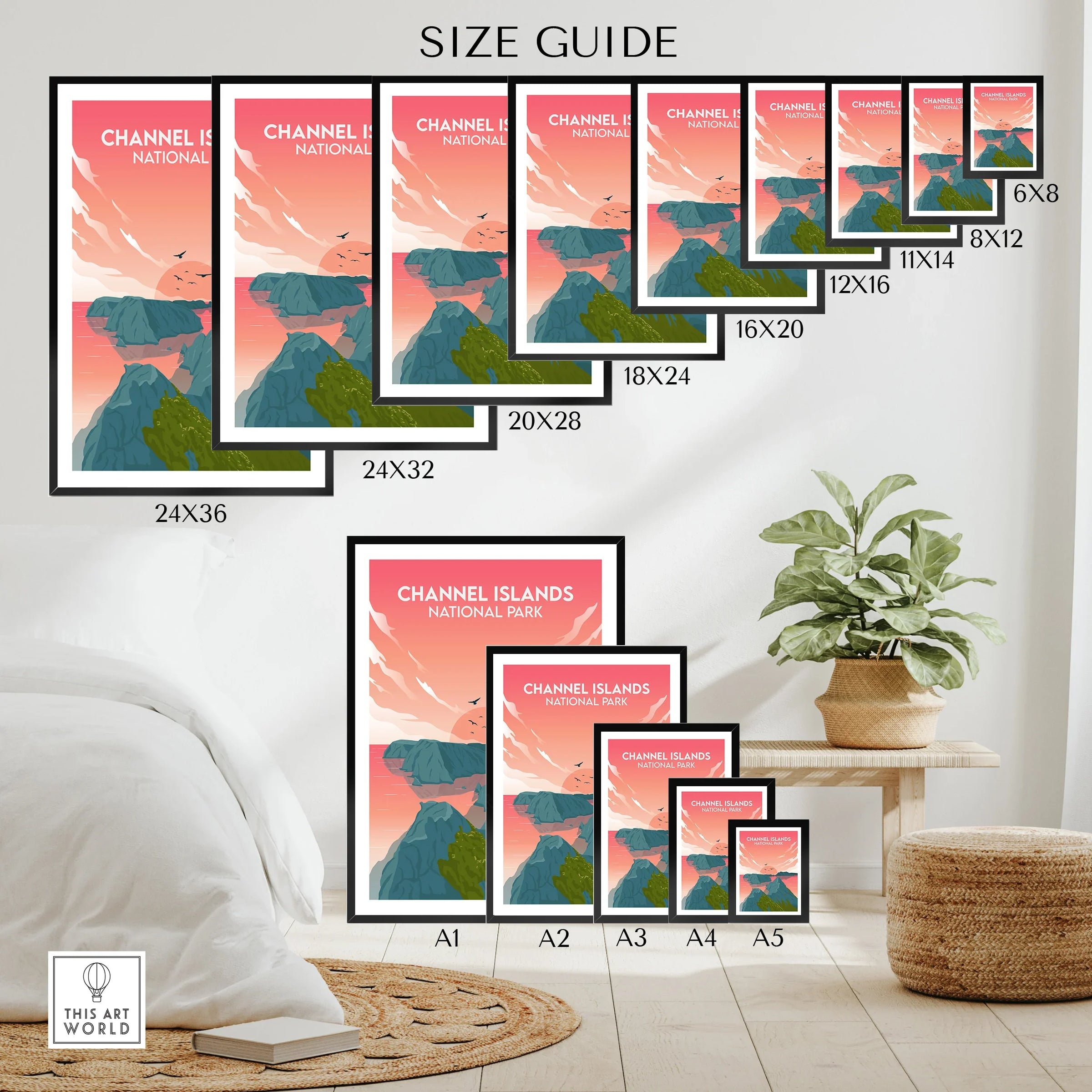 Channel Islands National Park wall art poster size guide with framed prints in various dimensions displayed in a modern room.