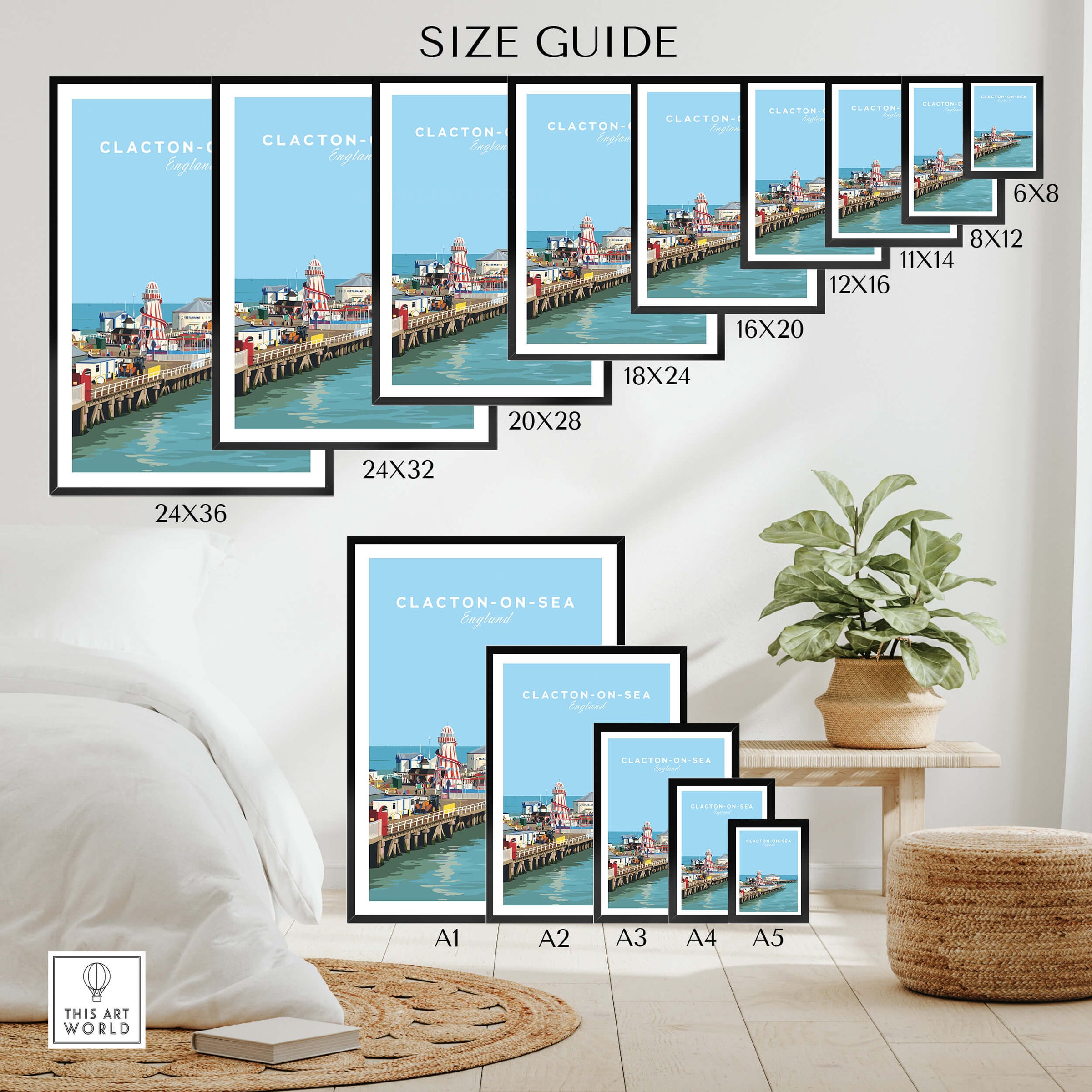 Clacton-on-Sea Travel Poster – Historic Pier Art Print size guide showing various print sizes and frames.