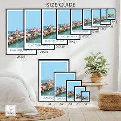 Clacton-on-Sea England Wall Art – British Seaside Decor size guide displaying various frame sizes and styles.