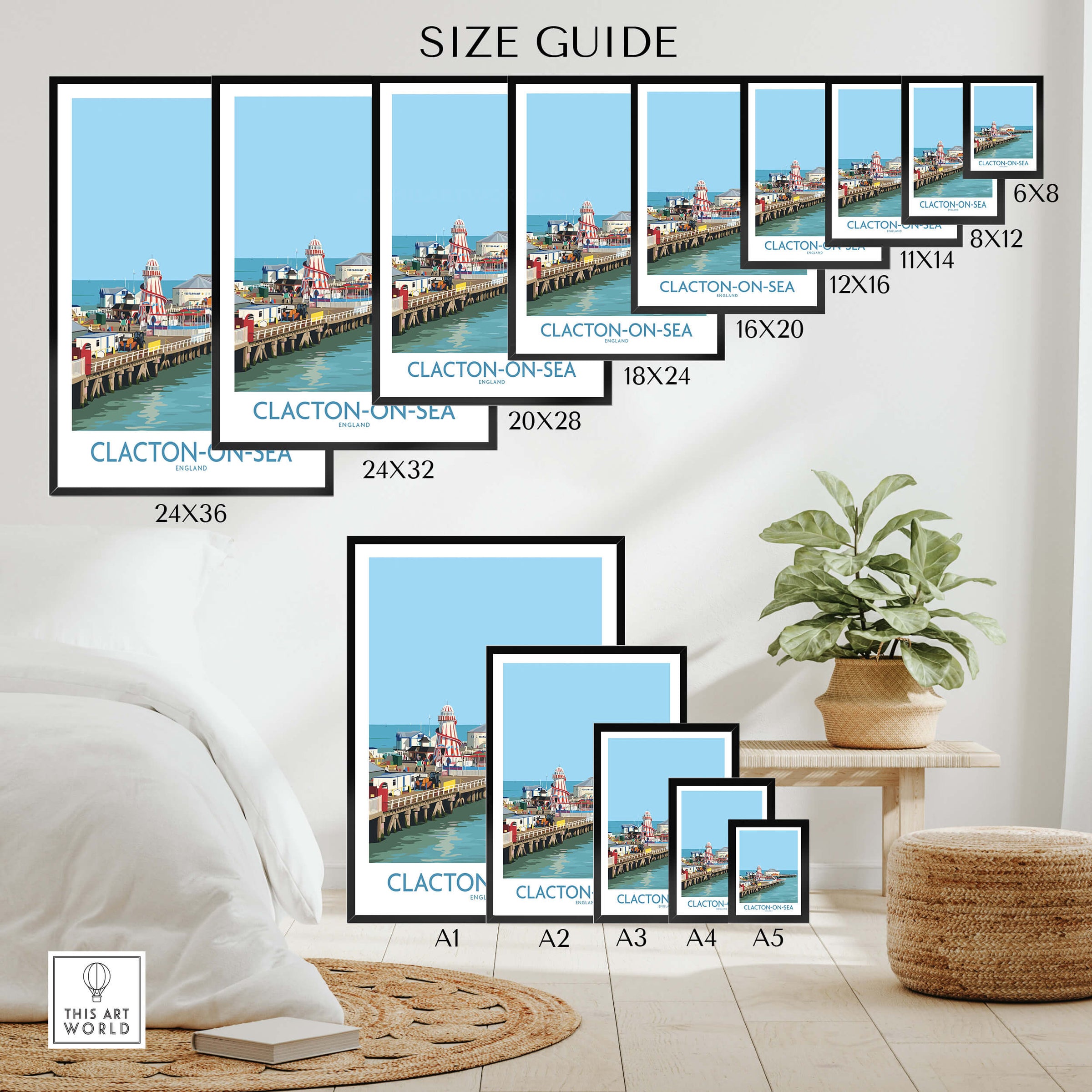 Clacton-on-Sea England Wall Art – British Seaside Decor size guide displaying various frame sizes and styles.