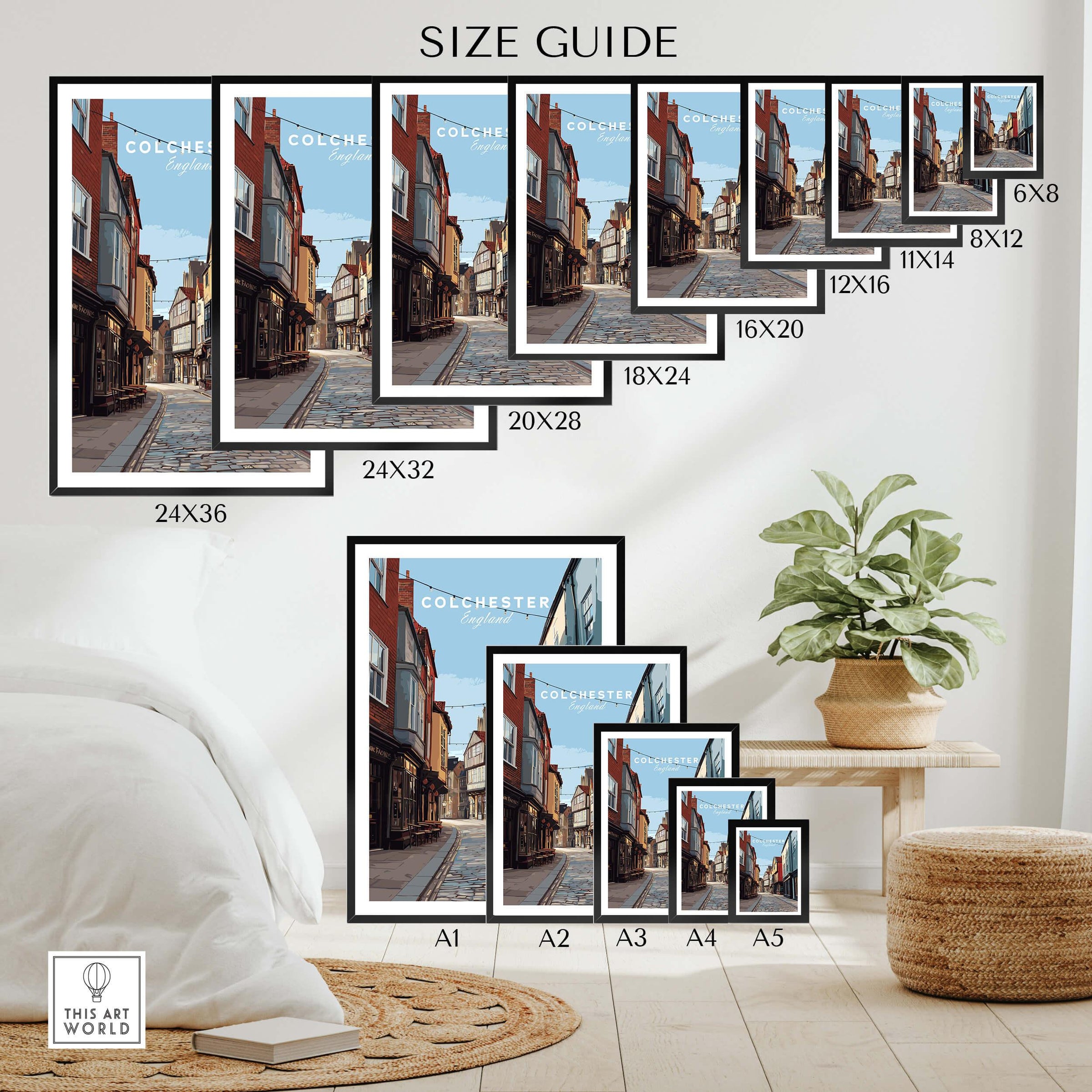 Travel poster wall art size guide showing Colchester cityscape print in various frame dimensions.
