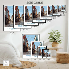 Wall art poster size guide featuring Colchester travel print in various frame sizes above a modern home decor setting.