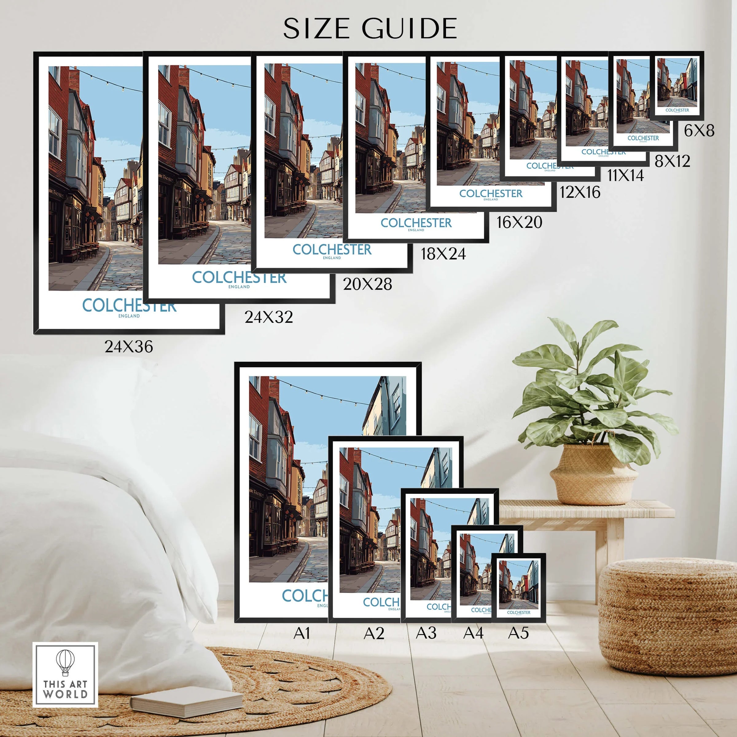 Wall art poster size guide featuring Colchester travel print in various frame sizes above a modern home decor setting.
