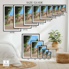 Colchester wall art poster size guide with multiple print sizes in a modern home decor setting