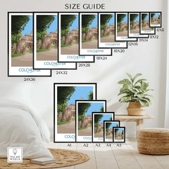Colchester travel poster wall art size guide with multiple framed print options displayed in a modern room.