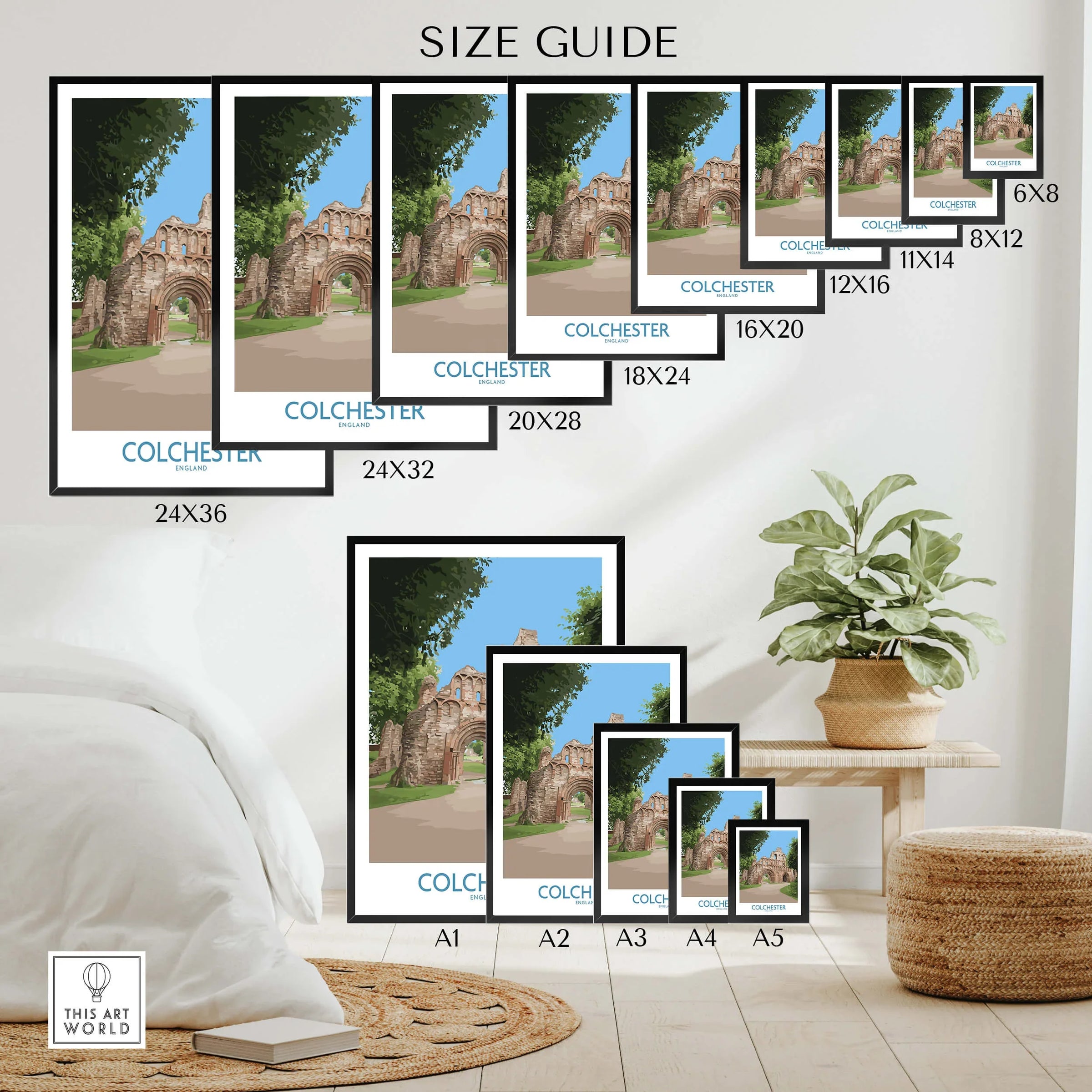 Colchester travel poster wall art size guide with multiple framed print options displayed in a modern room.