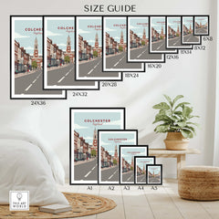 Colchester England travel poster wall art size guide showing multiple print sizes in modern room setting.