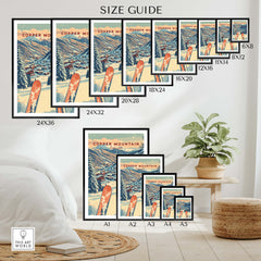 Copper Mountain Travel Poster – Sunset Ski Slopes size guide showing various frame sizes and dimensions.